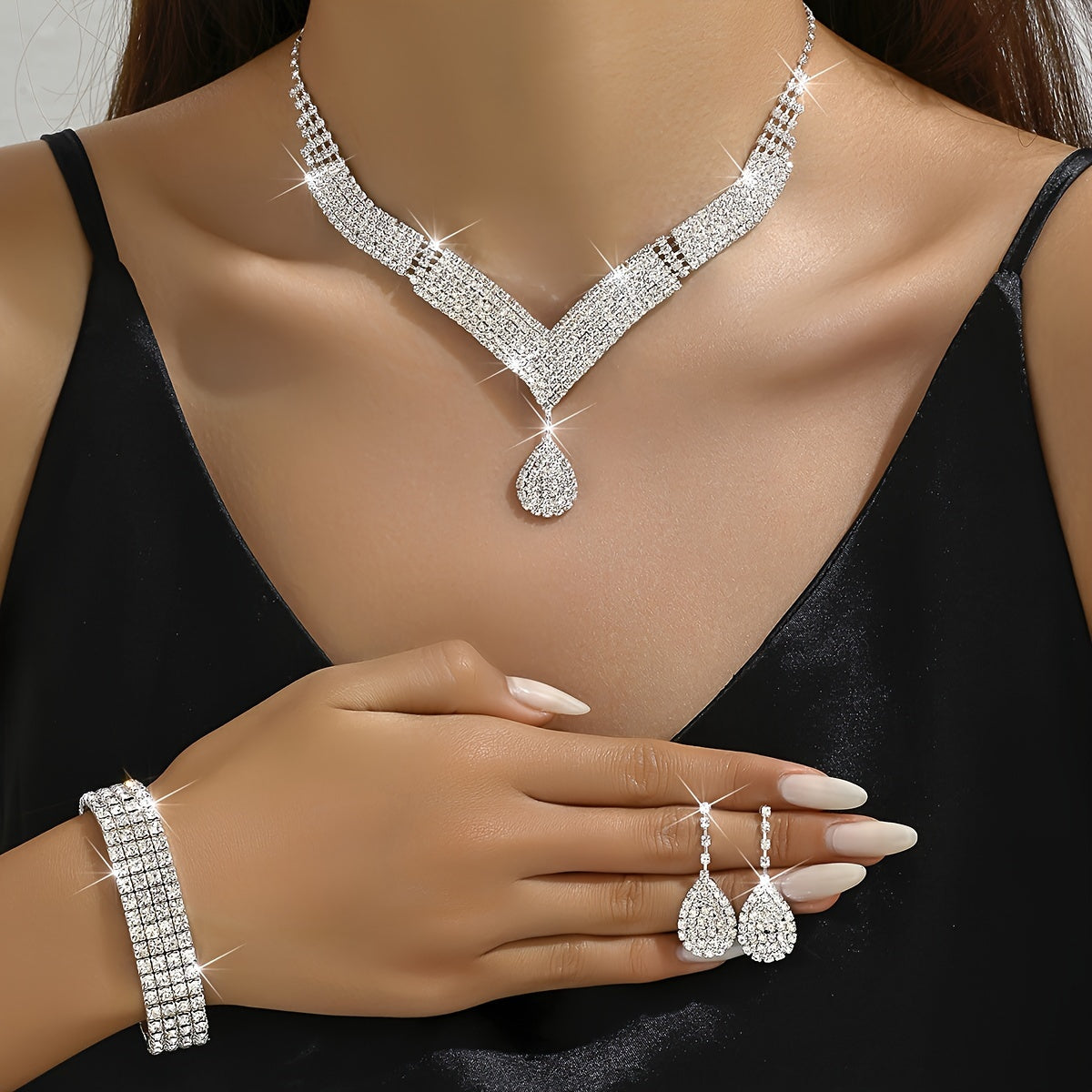 Bridal Rhinestone Jewelry Set – Necklace, Earrings & Bracelet