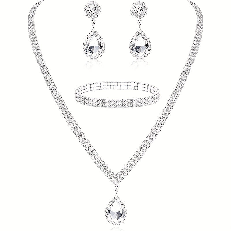 Luxury Crystal Necklace & Earrings 3-Piece Wedding Earrings & Necklace and Bracelet Set