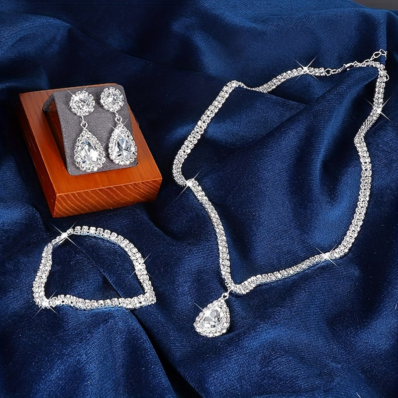 Luxury Crystal Necklace & Earrings 3-Piece Wedding Earrings & Necklace and Bracelet Set
