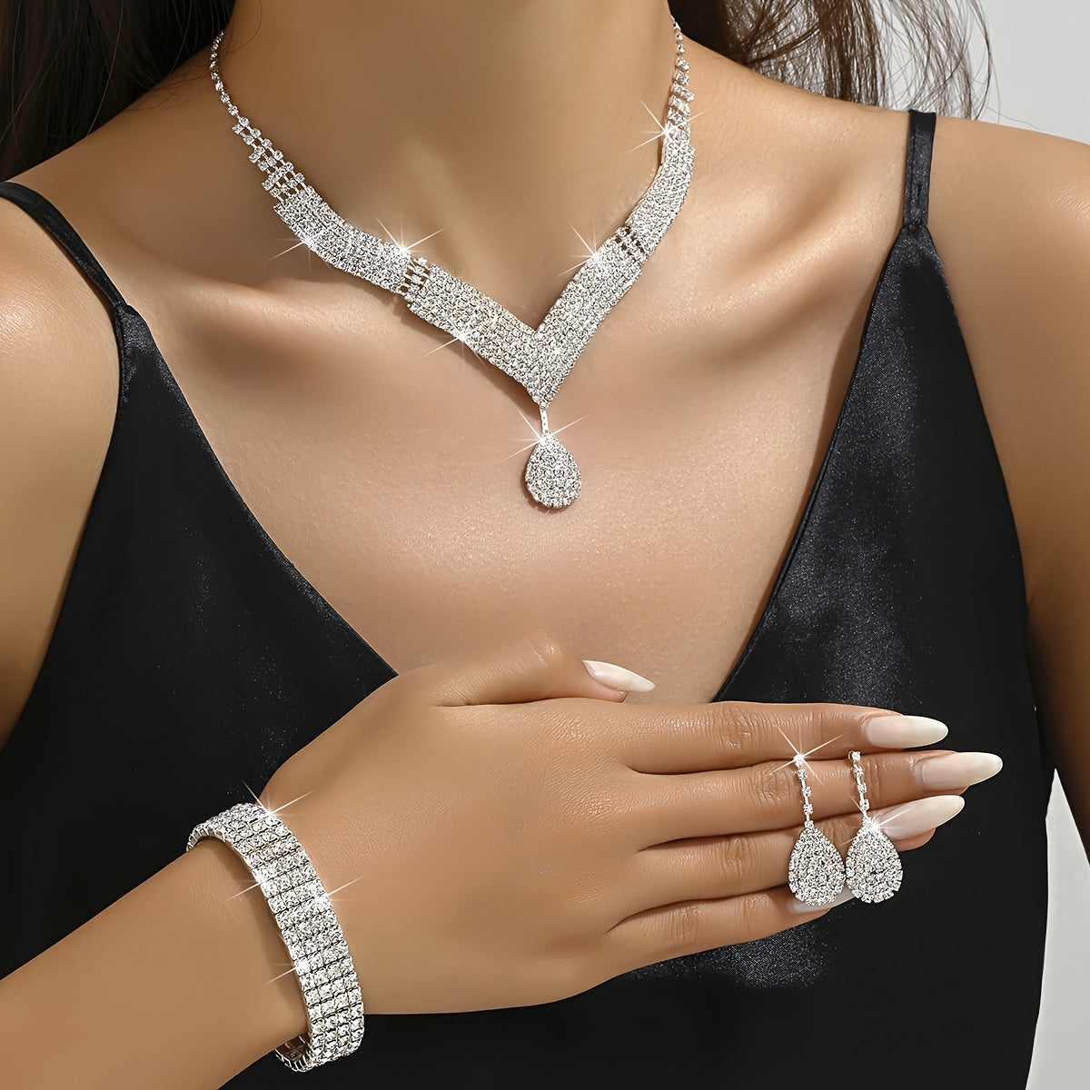 Bridal Rhinestone Jewelry Set – Necklace, Earrings & Bracelet