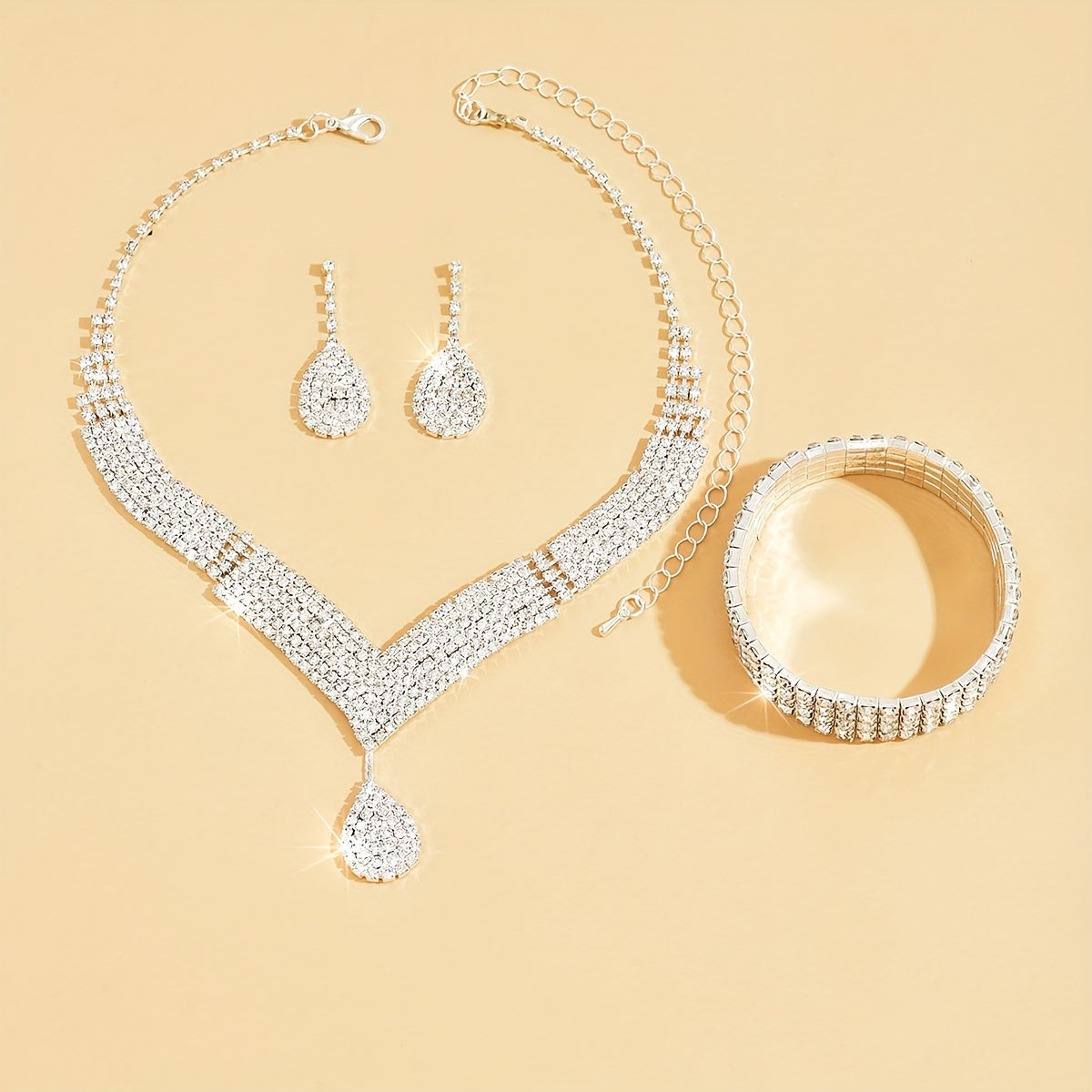 Bridal Rhinestone Jewelry Set – Necklace, Earrings & Bracelet