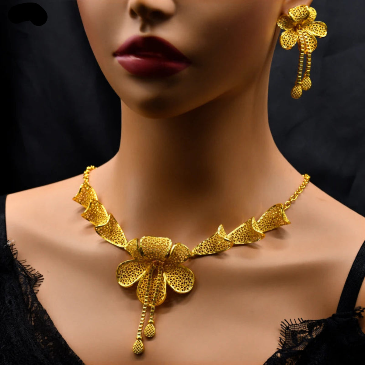 Dubai Flower Necklace & Earrings Set -Gold Color Luxury Bridal Jewelry for Women
