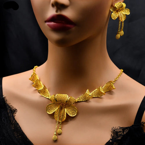 Dubai Flower Necklace & Earrings Set -Gold Color Luxury Bridal Jewelry for Women