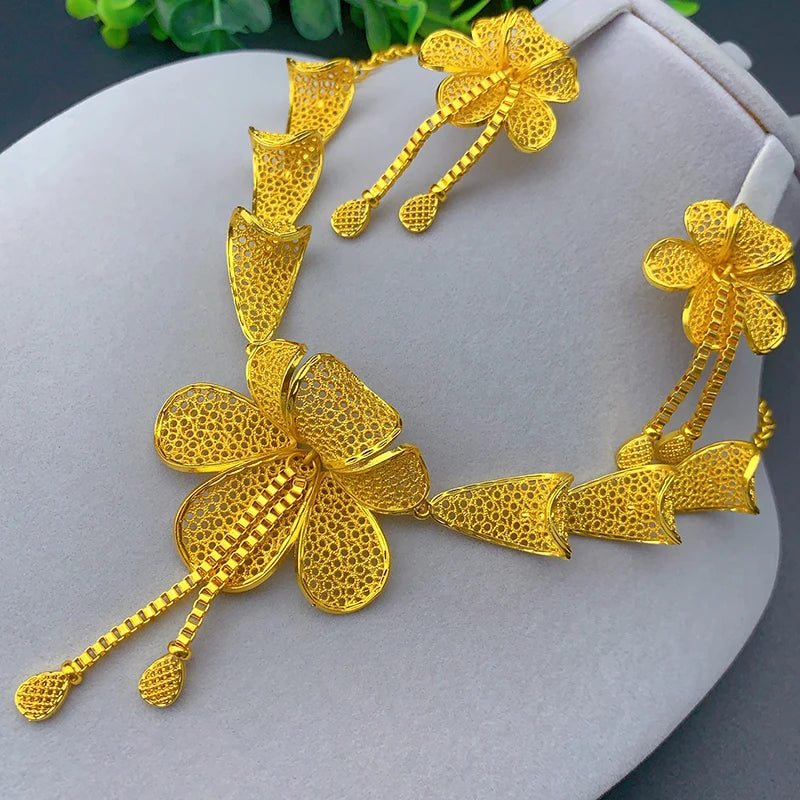 Dubai Flower Necklace & Earrings Set -Gold Color Luxury Bridal Jewelry for Women
