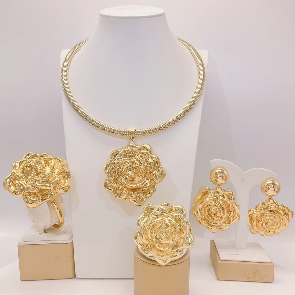 Luxury Gold Statement Jewelry Set – Necklace, Earrings & Ring, Bracelet