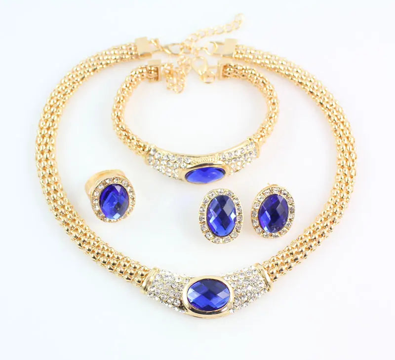 Luxury Blue Crystal Gold-Tone Jewelry Set for Women – Necklace Earring Ring Jewelry Set