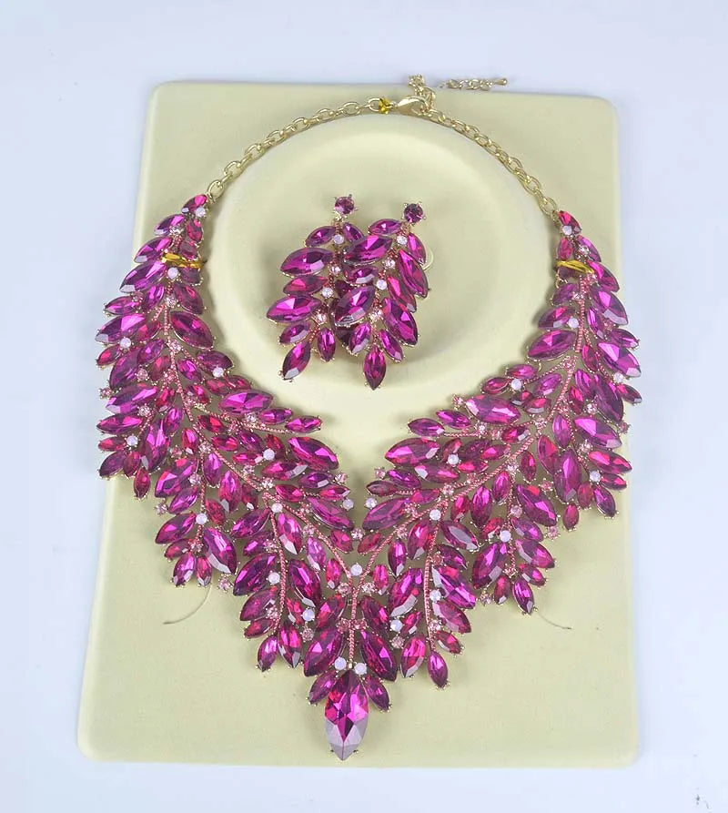 Luxury Dubai Style Wedding Jewelry Set – Rhinestone Crystal Bridal Necklace & Earrings