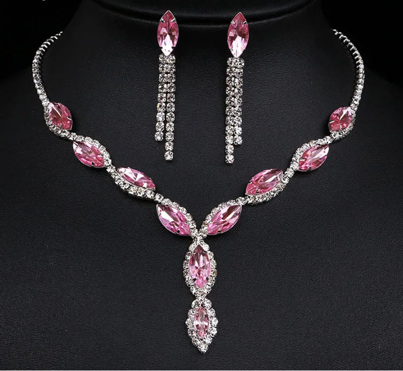Luxury Pink Crystal Jewelry Set – Necklace & Earrings Bridal Set