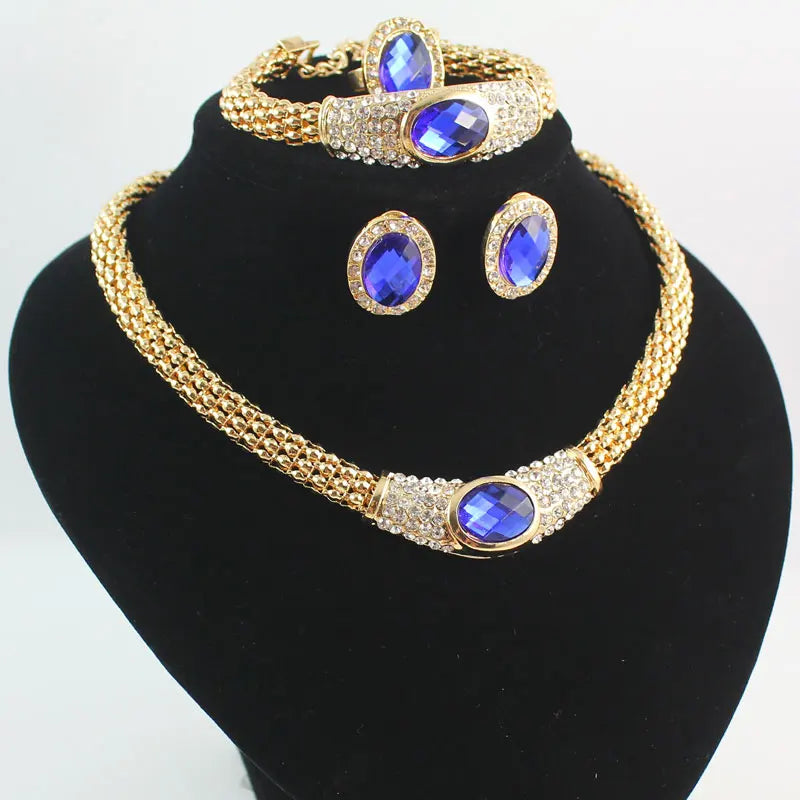 Luxury Blue Crystal Gold-Tone Jewelry Set for Women – Necklace Earring Ring Jewelry Set