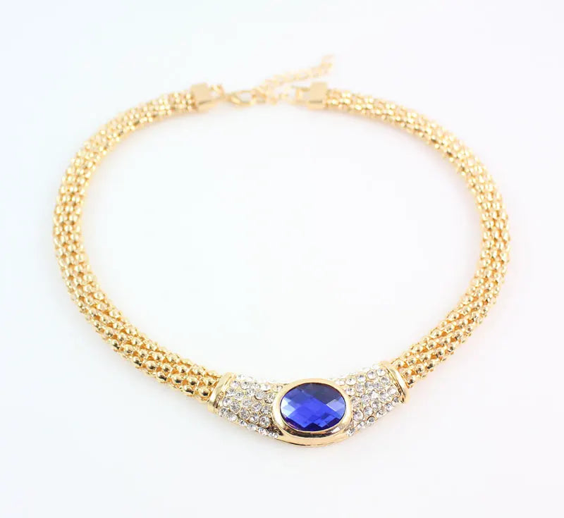 Luxury Blue Crystal Gold-Tone Jewelry Set for Women – Necklace Earring Ring Jewelry Set