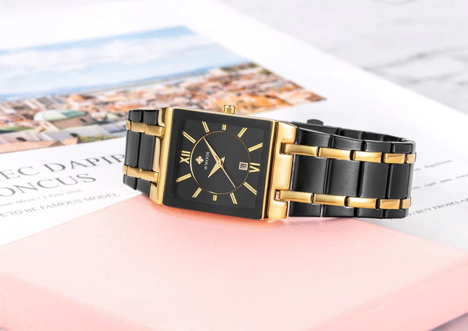 Black Gold Square Women’s Watch – Stainless Steel Waterproof Luxury Wristwatch