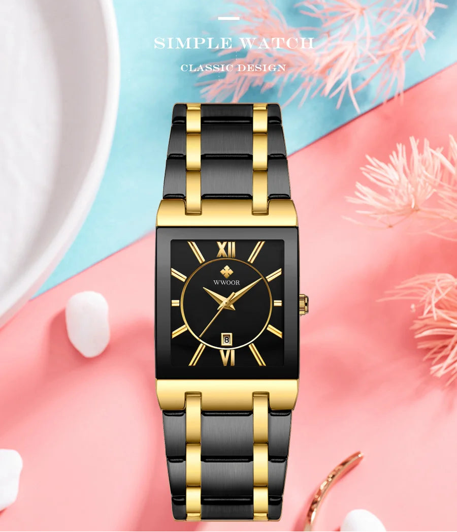 Black Gold Square Women’s Watch – Stainless Steel Waterproof Luxury Wristwatch