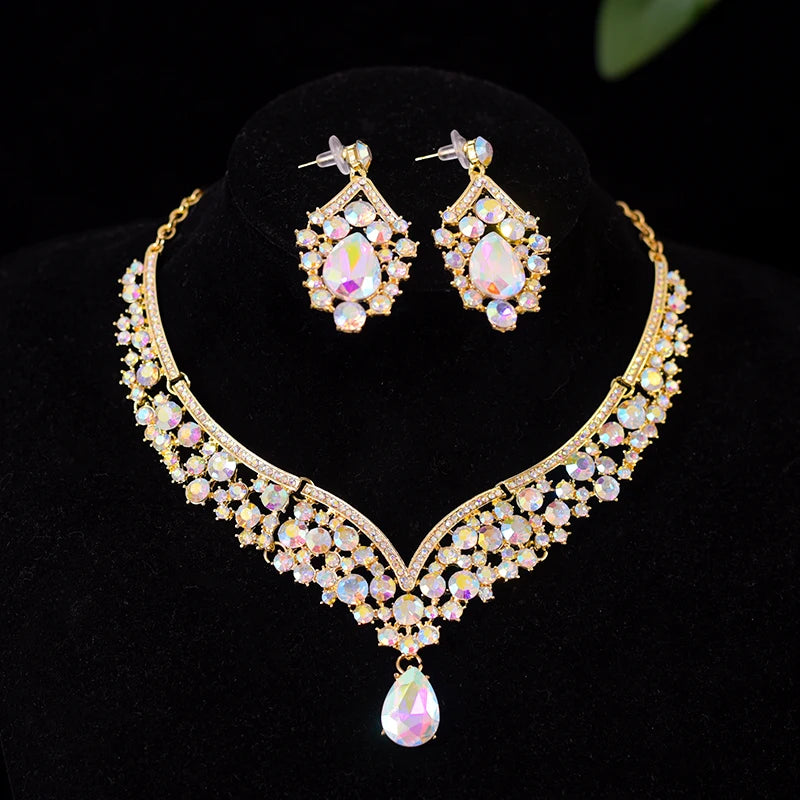 Luxury Crystal Crown Necklace & Earrings Set – European Elegance