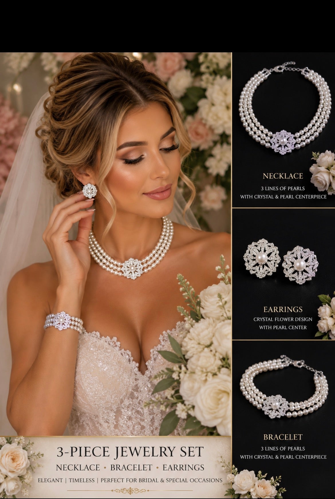 Luxury Pearl & Jewelry Set Necklace, Bracelet & Earrings for Women | Elegan Bridal Gift