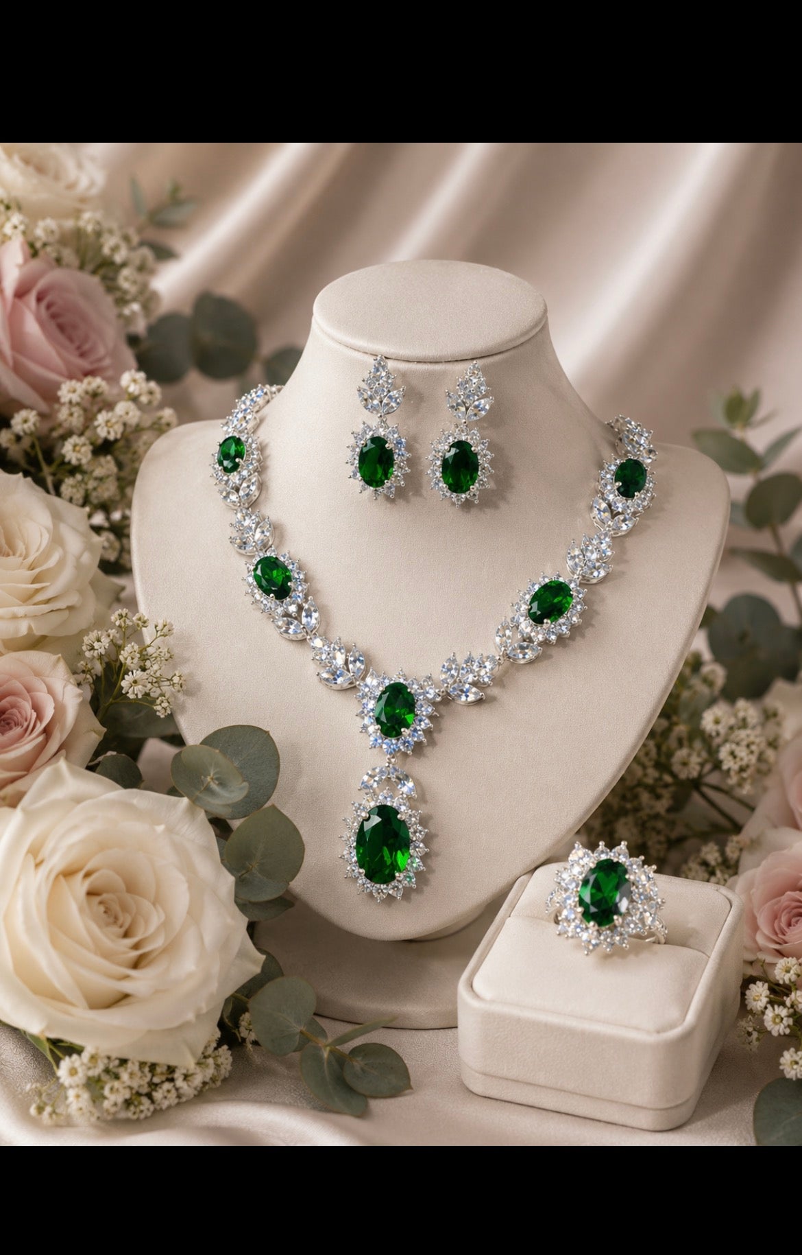 Luxury Emerald Green Crystal Bridal Jewelry Set – Necklace & Earrings & Ring  – Silver