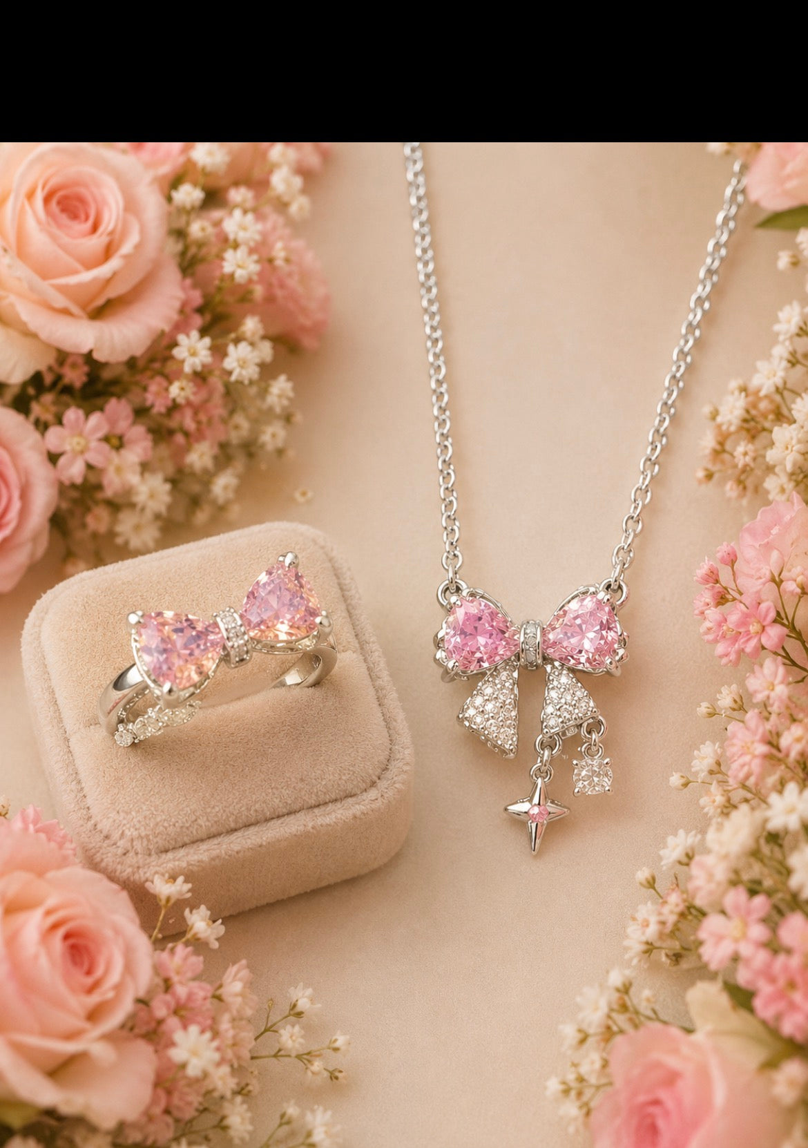 Pink Crystal Bow Necklace & Ring Set – Elegant Jewelry Gift for Women