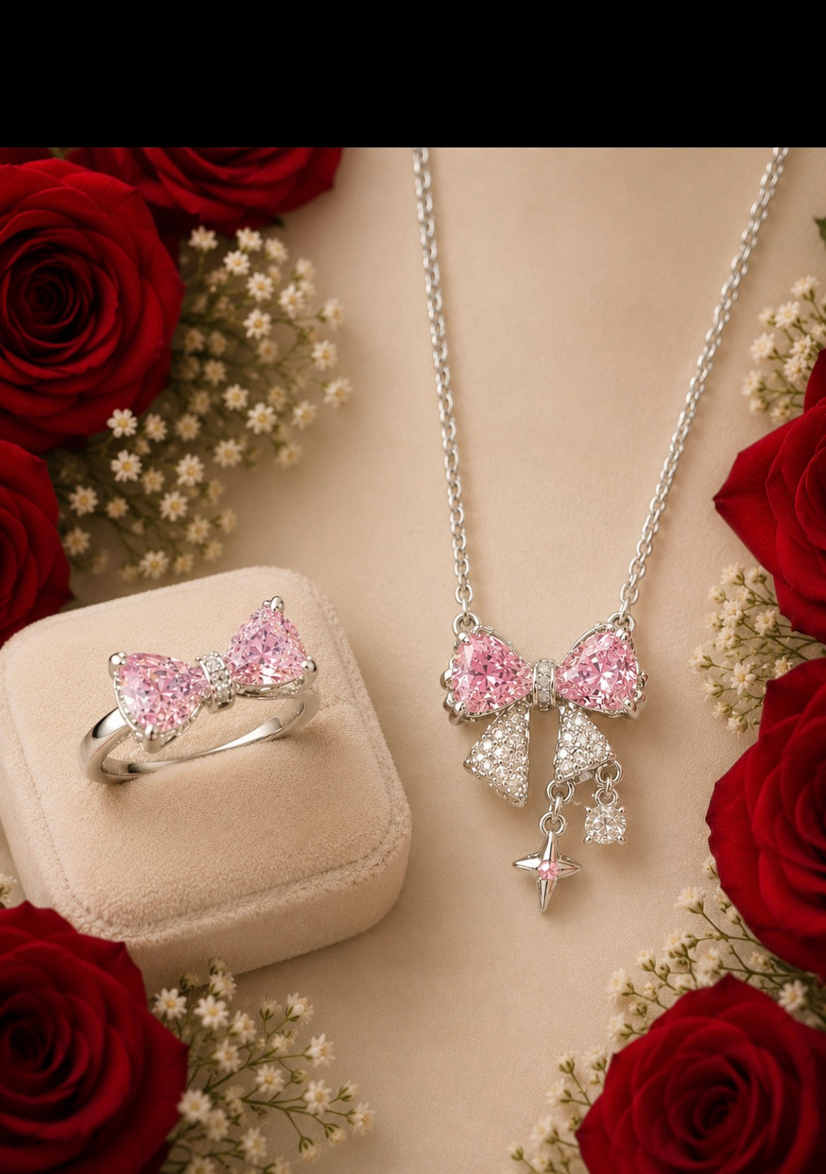 Pink Crystal Bow Necklace & Ring Set – Elegant Jewelry Gift for Women