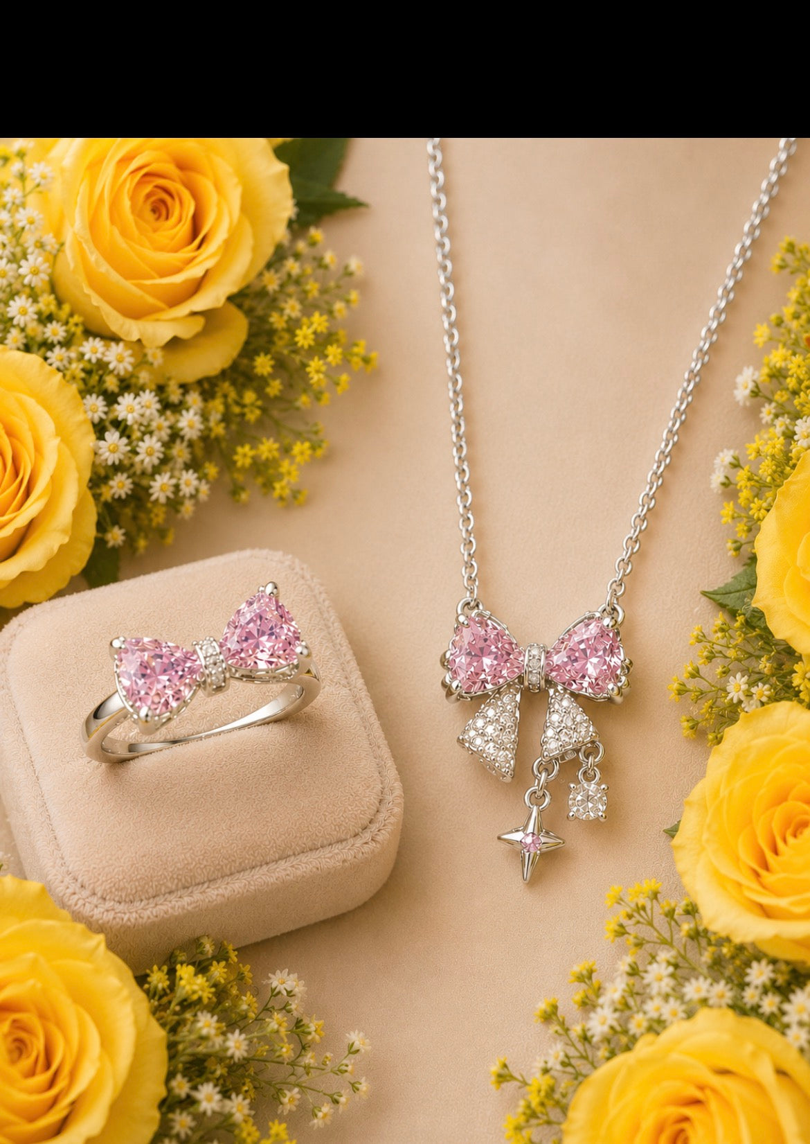 Pink Crystal Bow Necklace & Ring Set – Elegant Jewelry Gift for Women