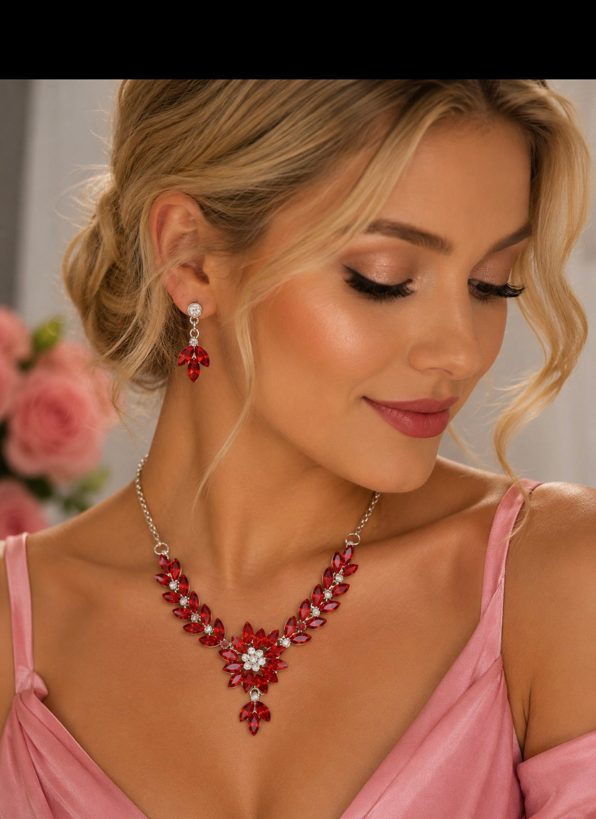 Floral Jewelry Set Wedding Bridal Necklace and Drop Earrings