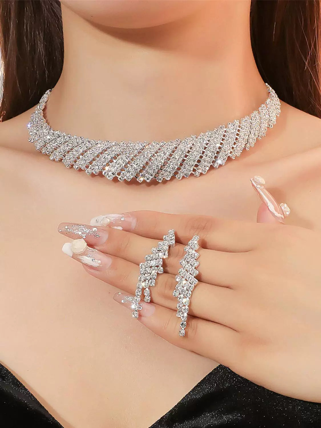Luxury Rhinestone Necklace & Earrings Set – 2 Pieces Sparkling Jewelry Set for Women