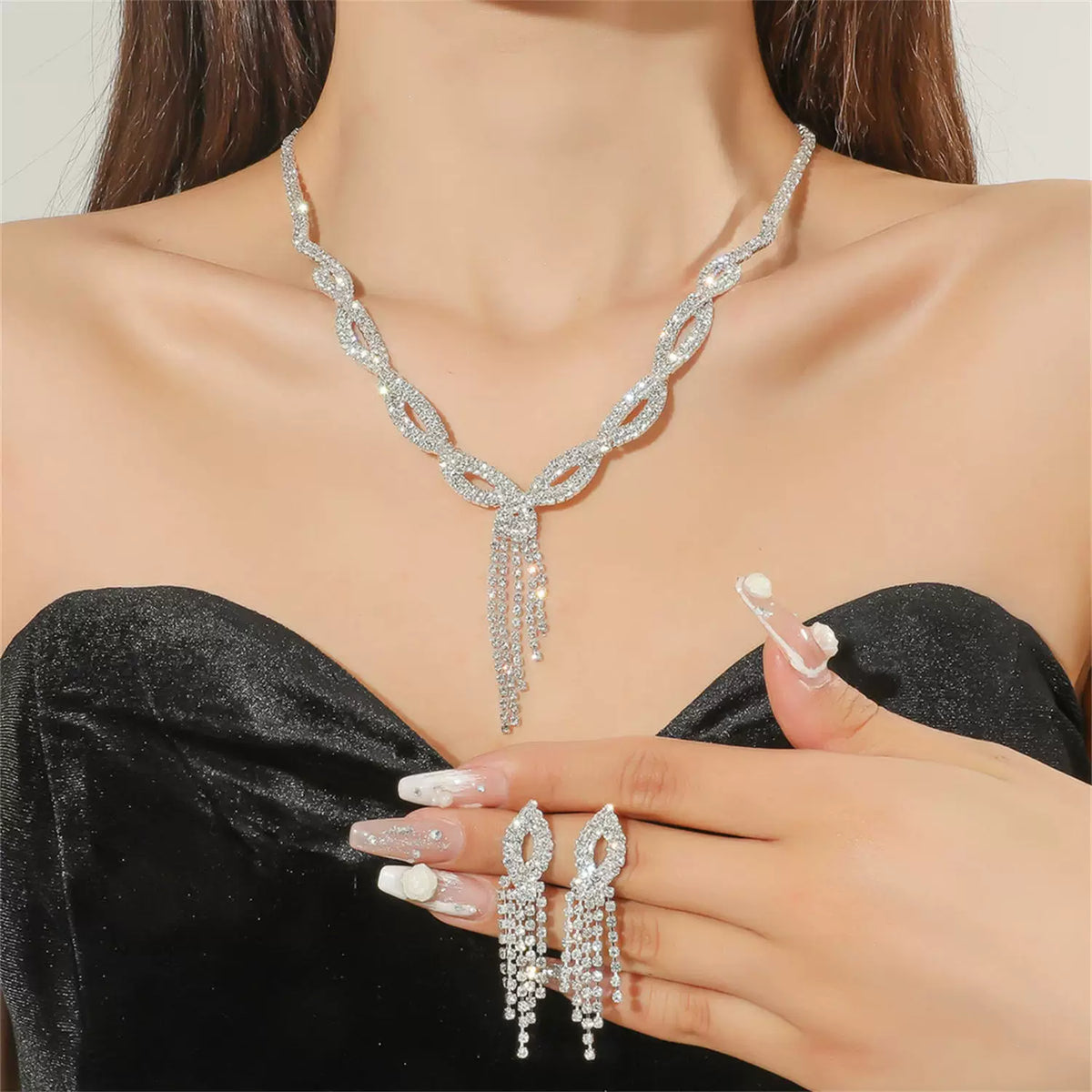 Luxury Rhinestone Necklace & Earrings Set – 2 Pieces Sparkling Jewelry Set for Women