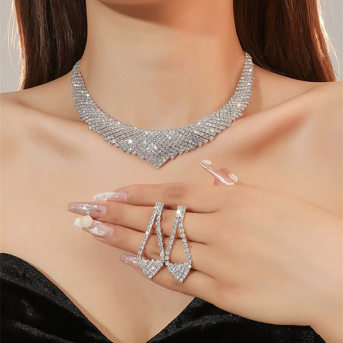 Luxury Rhinestone Necklace & Earrings Set – 2 Pieces Sparkling Jewelry Set for Women