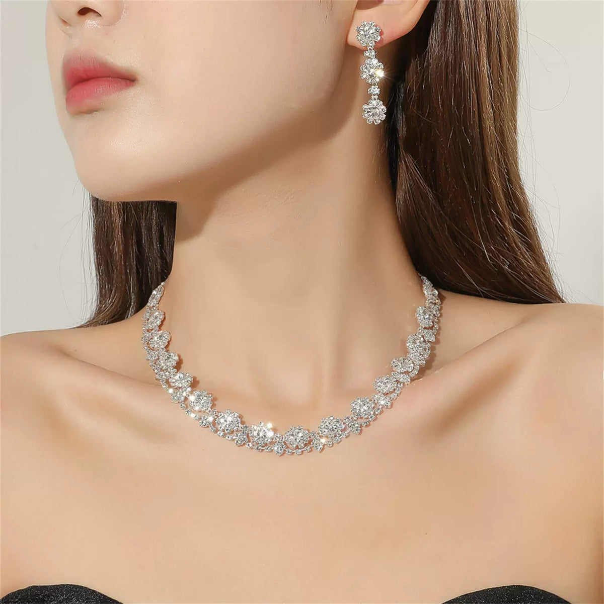 Luxury Rhinestone Necklace & Earrings Set – 2 Pieces Sparkling Jewelry Set for Women