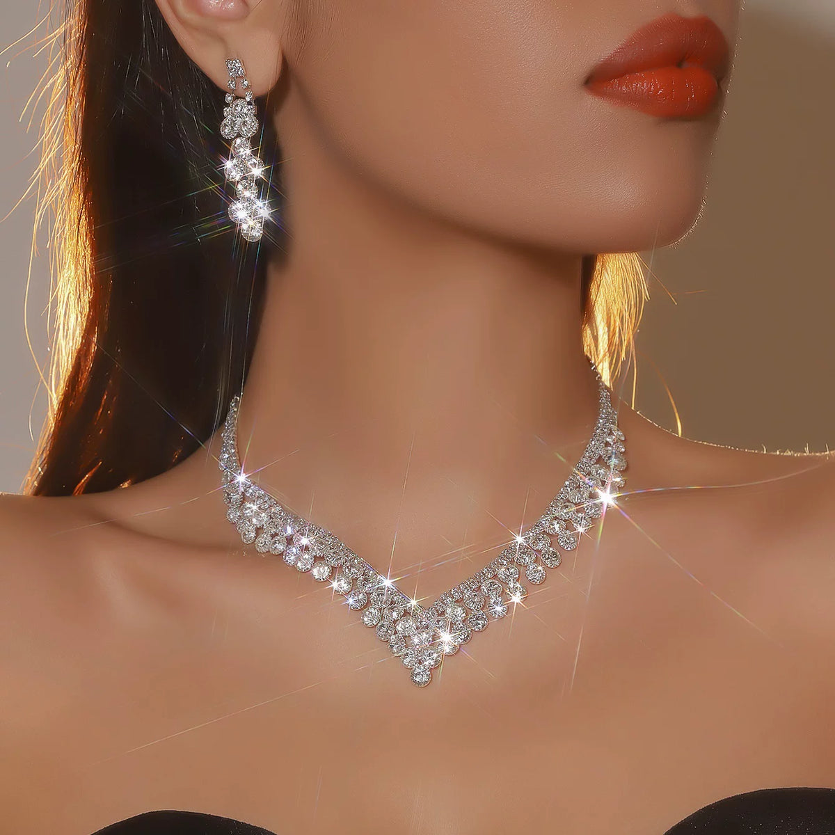 Luxury Rhinestone Necklace & Earrings Set – 2 Pieces Sparkling Jewelry Set for Women