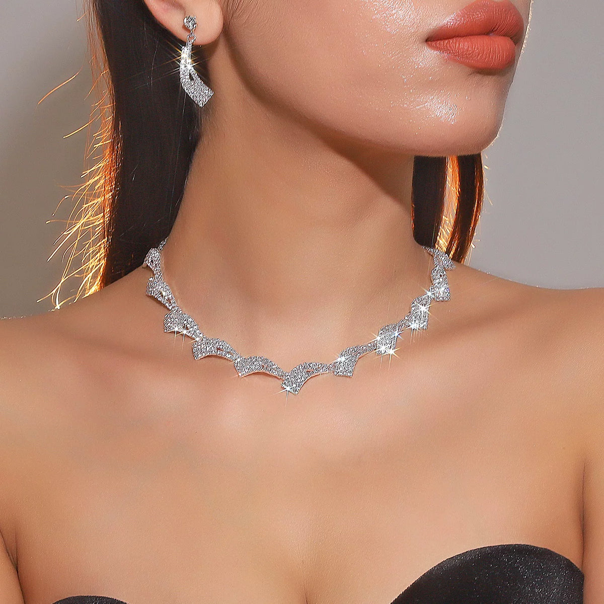 Luxury Rhinestone Necklace & Earrings Set – 2 Pieces Sparkling Jewelry Set for Women