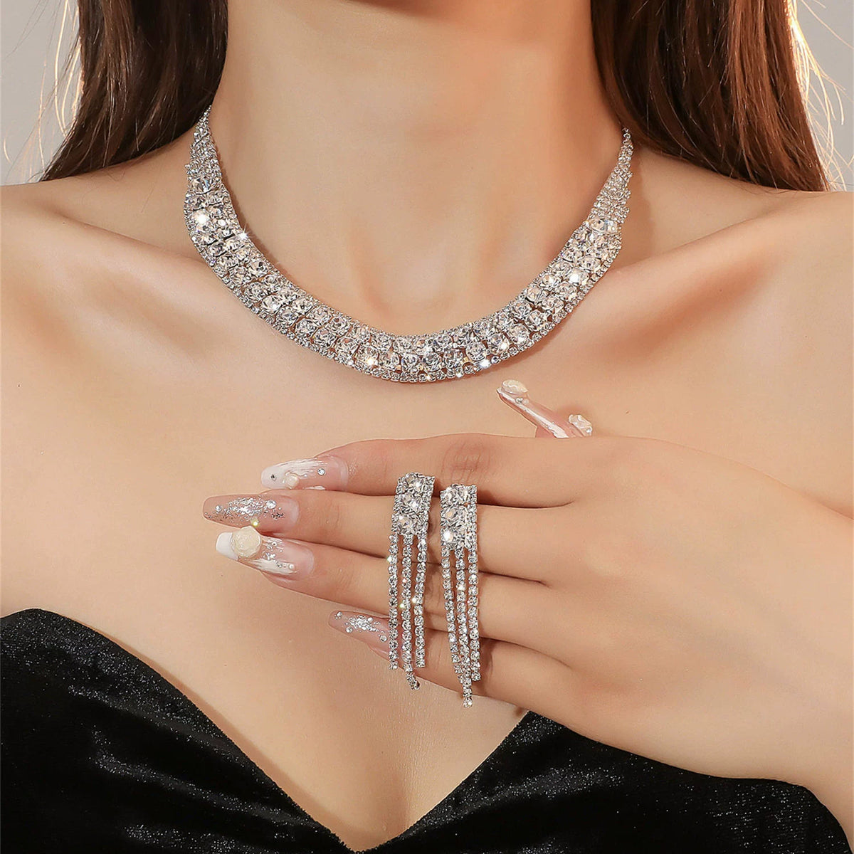 Luxury Rhinestone Necklace & Earrings Set – 2 Pieces Sparkling Jewelry Set for Women