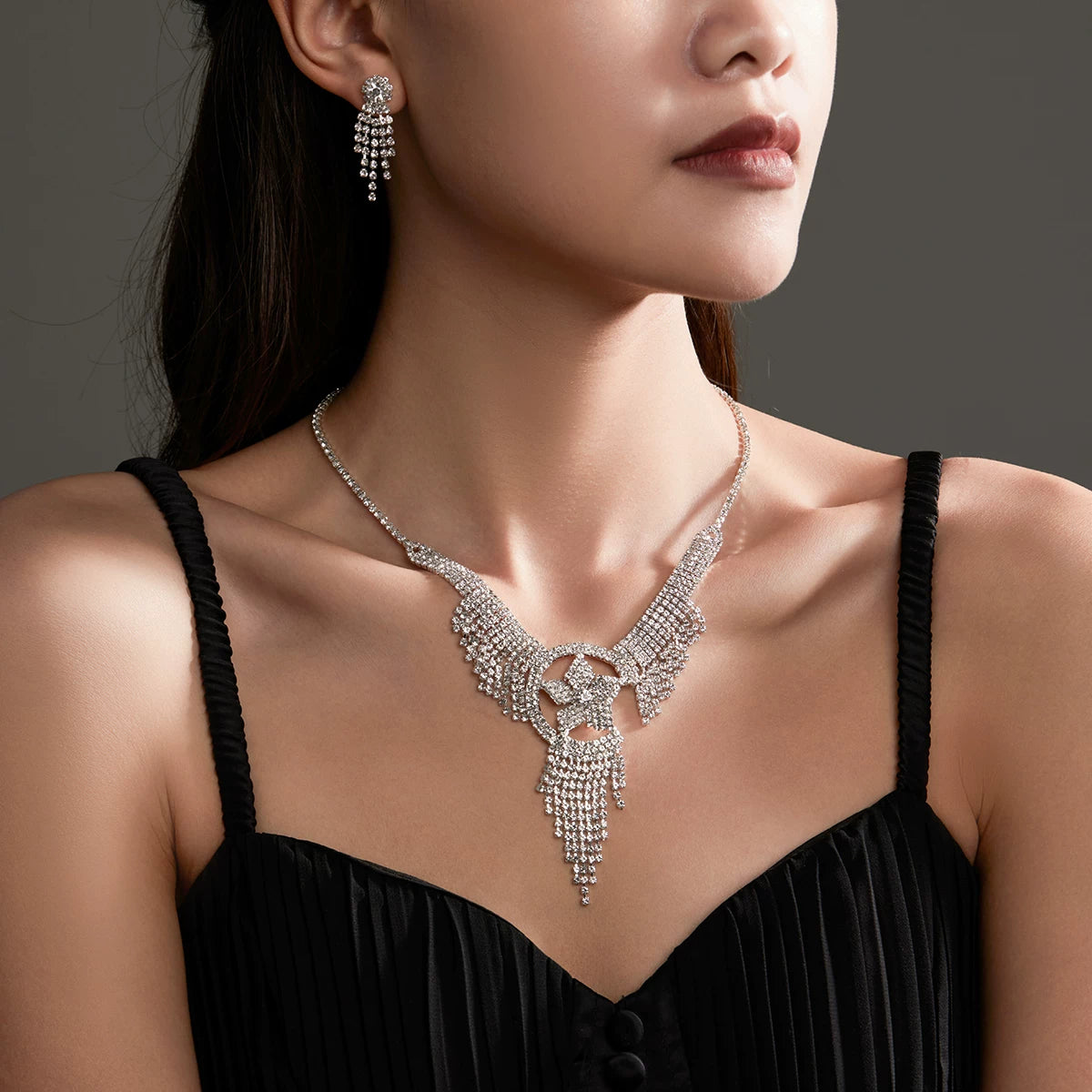 Luxury Rhinestone Necklace & Earrings Set – 2 Pieces Sparkling Jewelry Set for Women