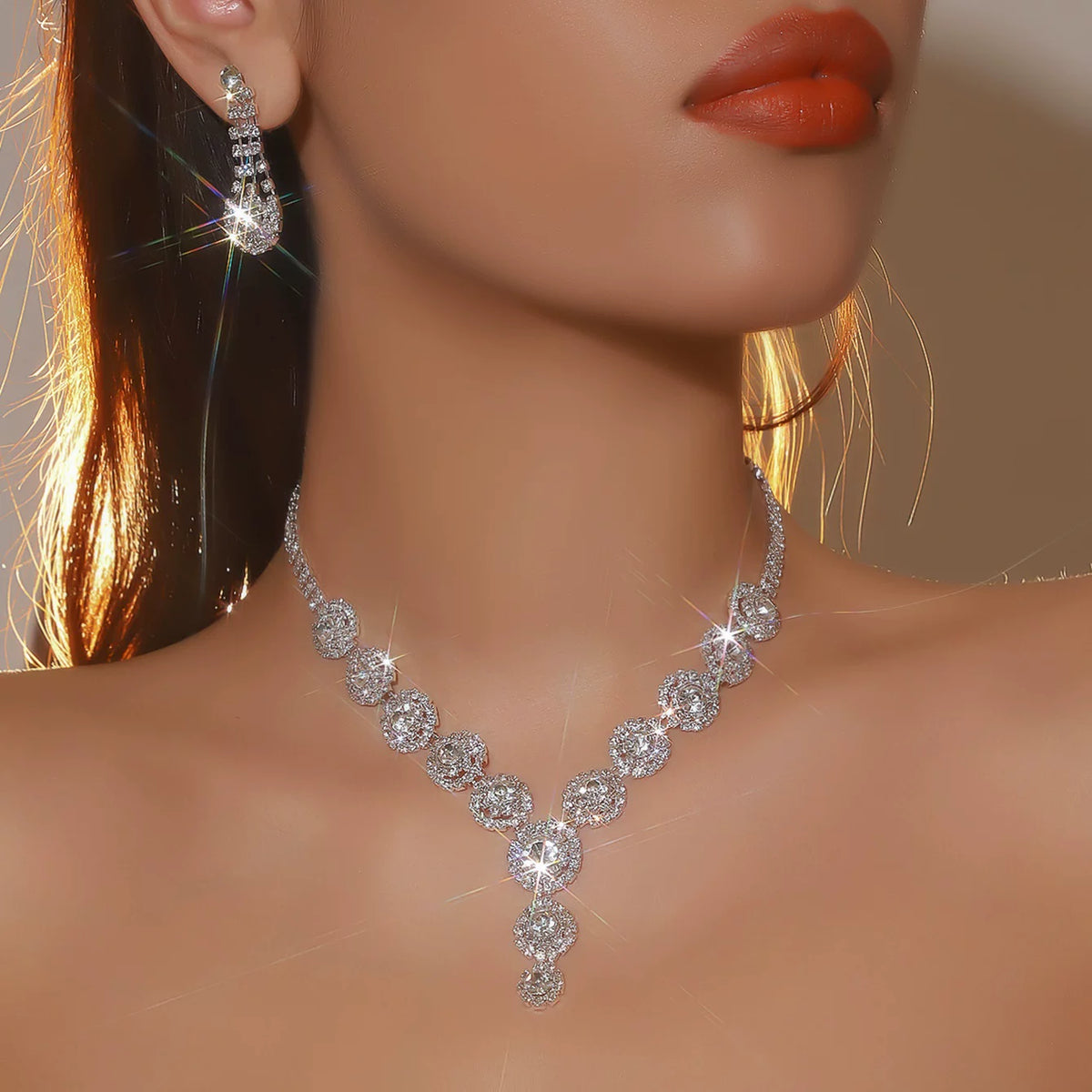 Luxury Rhinestone Necklace & Earrings Set – 2 Pieces Sparkling Jewelry Set for Women
