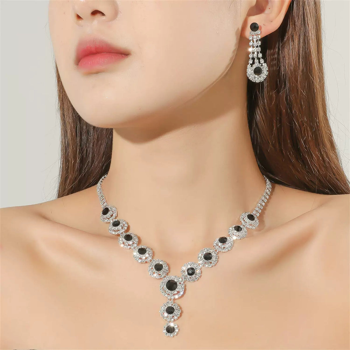 Luxury Rhinestone Necklace & Earrings Set – 2 Pieces Sparkling Jewelry Set for Women