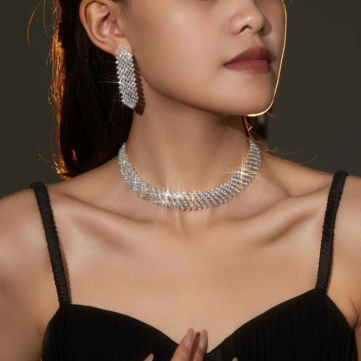 Luxury Rhinestone Necklace & Earrings Set – 2 Pieces Sparkling Jewelry Set for Women