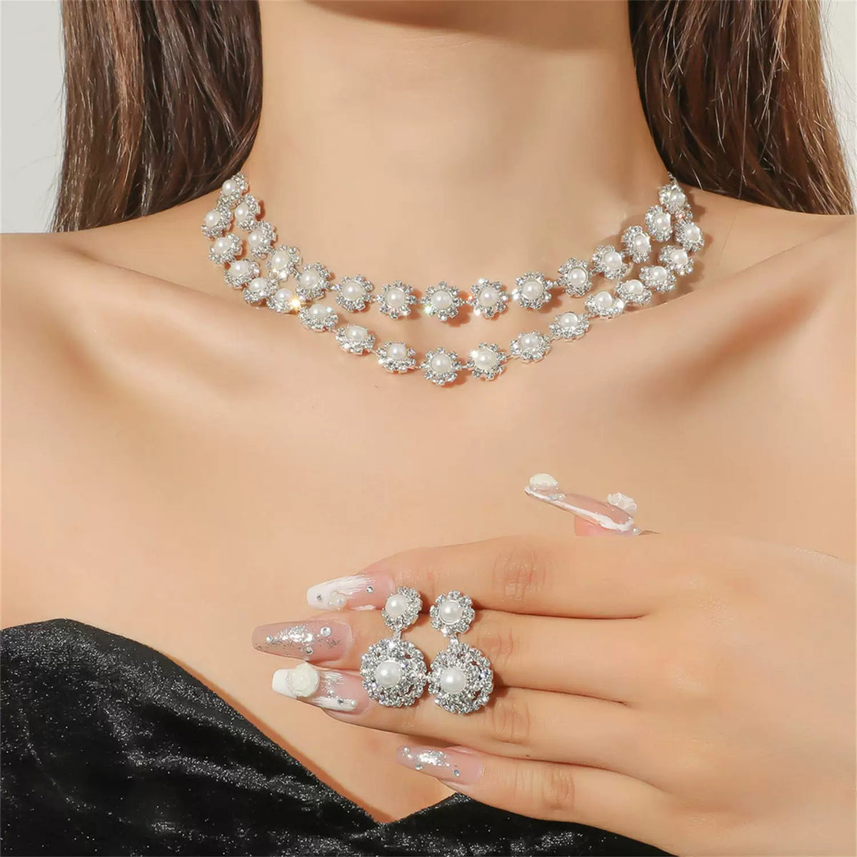 Luxury Rhinestone Necklace & Earrings Set – 2 Pieces Sparkling Jewelry Set for Women