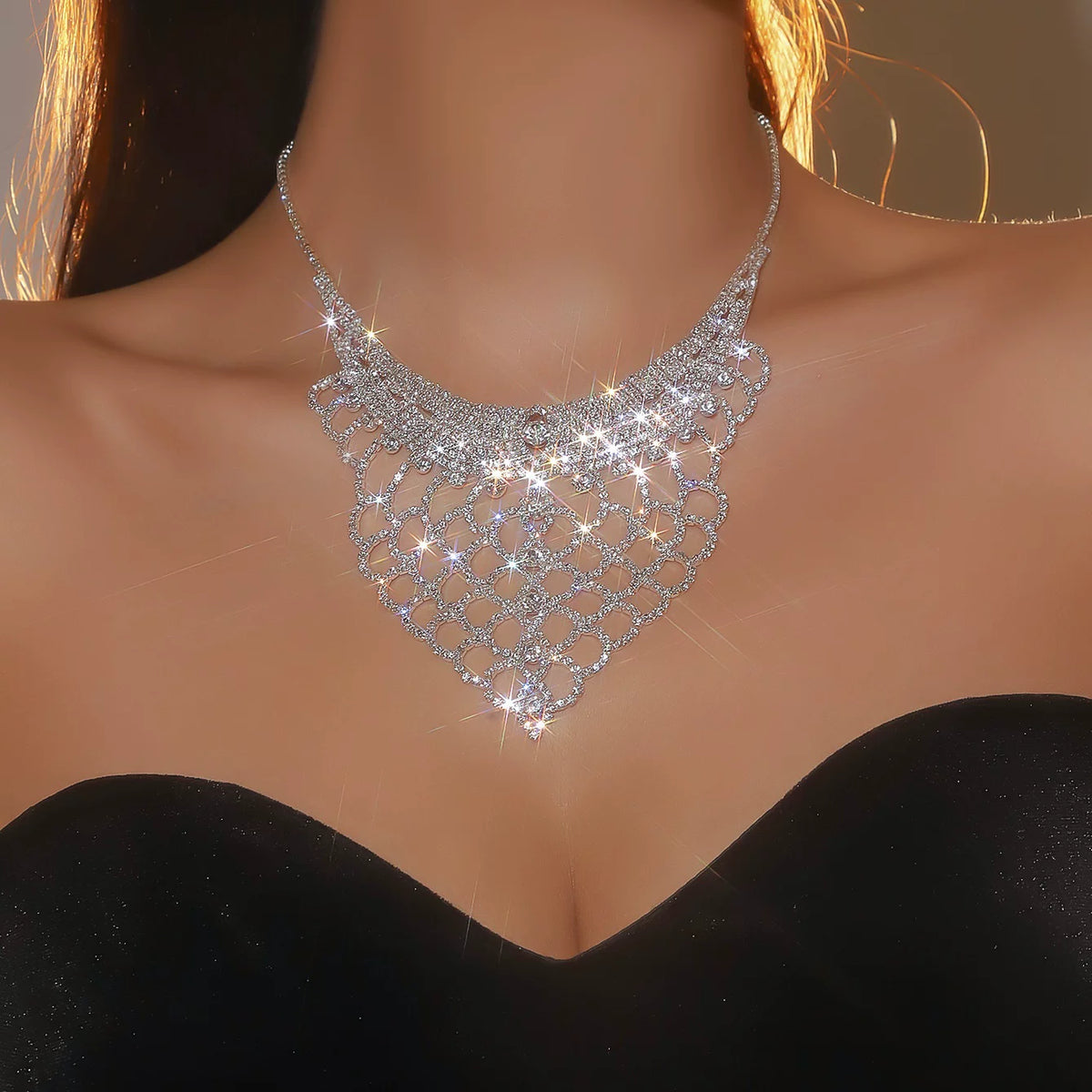Luxury Rhinestone Necklace & Earrings Set – 2 Pieces Sparkling Jewelry Set for Women