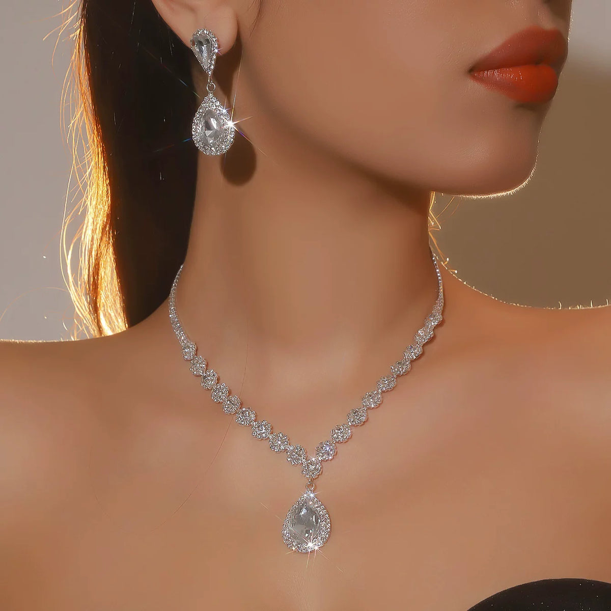 Luxury Rhinestone Necklace & Earrings Set – 2 Pieces Sparkling Jewelry Set for Women