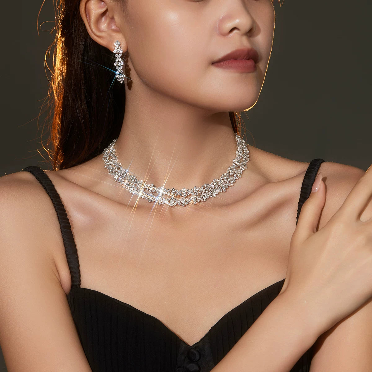 Luxury Rhinestone Necklace & Earrings Set – 2 Pieces Sparkling Jewelry Set for Women