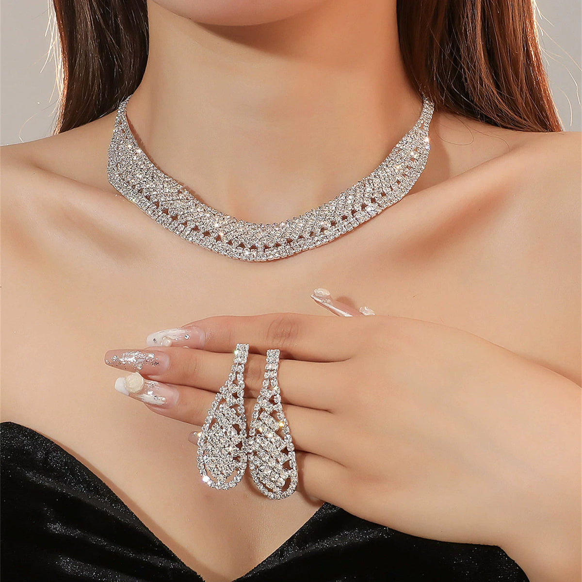 Luxury Rhinestone Necklace & Earrings Set – 2 Pieces Sparkling Jewelry Set for Women