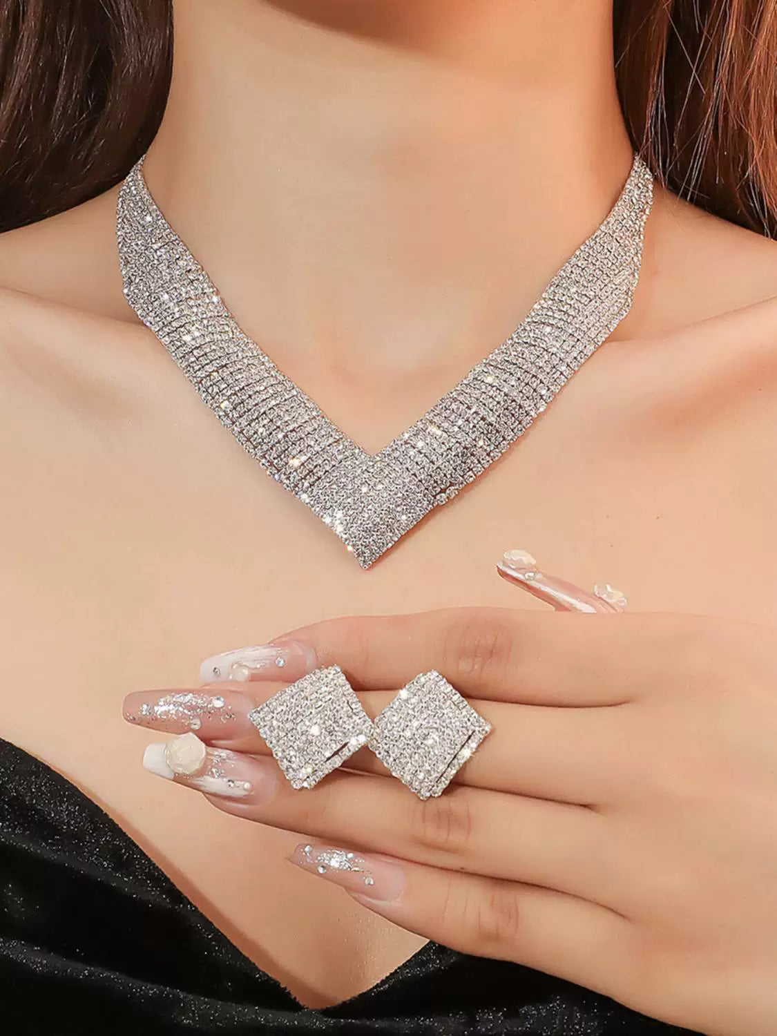 Luxury Rhinestone Necklace & Earrings Set – 2 Pieces Sparkling Jewelry Set for Women