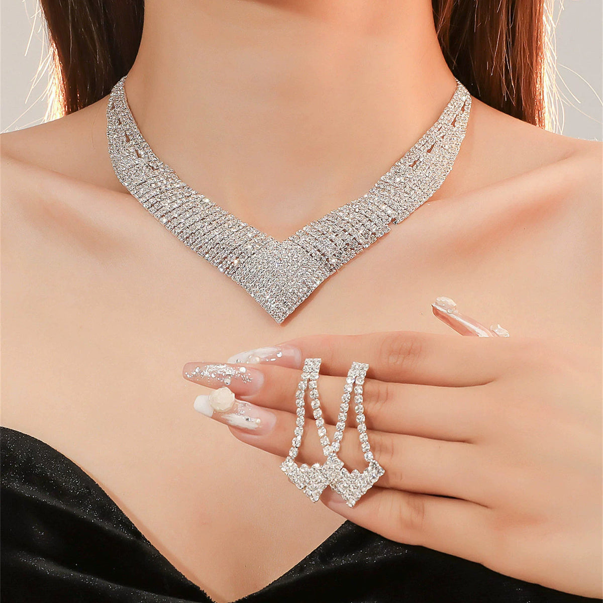 Luxury Rhinestone Necklace & Earrings Set – 2 Pieces Sparkling Jewelry Set for Women