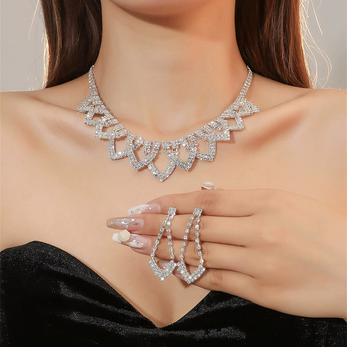 Luxury Rhinestone Necklace & Earrings Set – 2 Pieces Sparkling Jewelry Set for Women