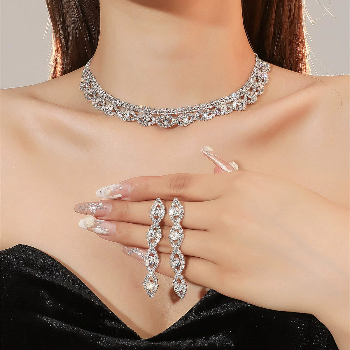 Luxury Rhinestone Necklace & Earrings Set – 2 Pieces Sparkling Jewelry Set for Women