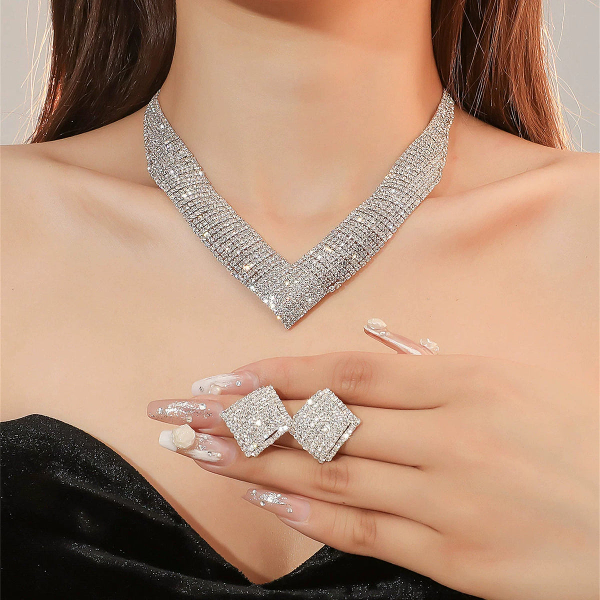 Luxury Rhinestone Necklace & Earrings Set – 2 Pieces Sparkling Jewelry Set for Women