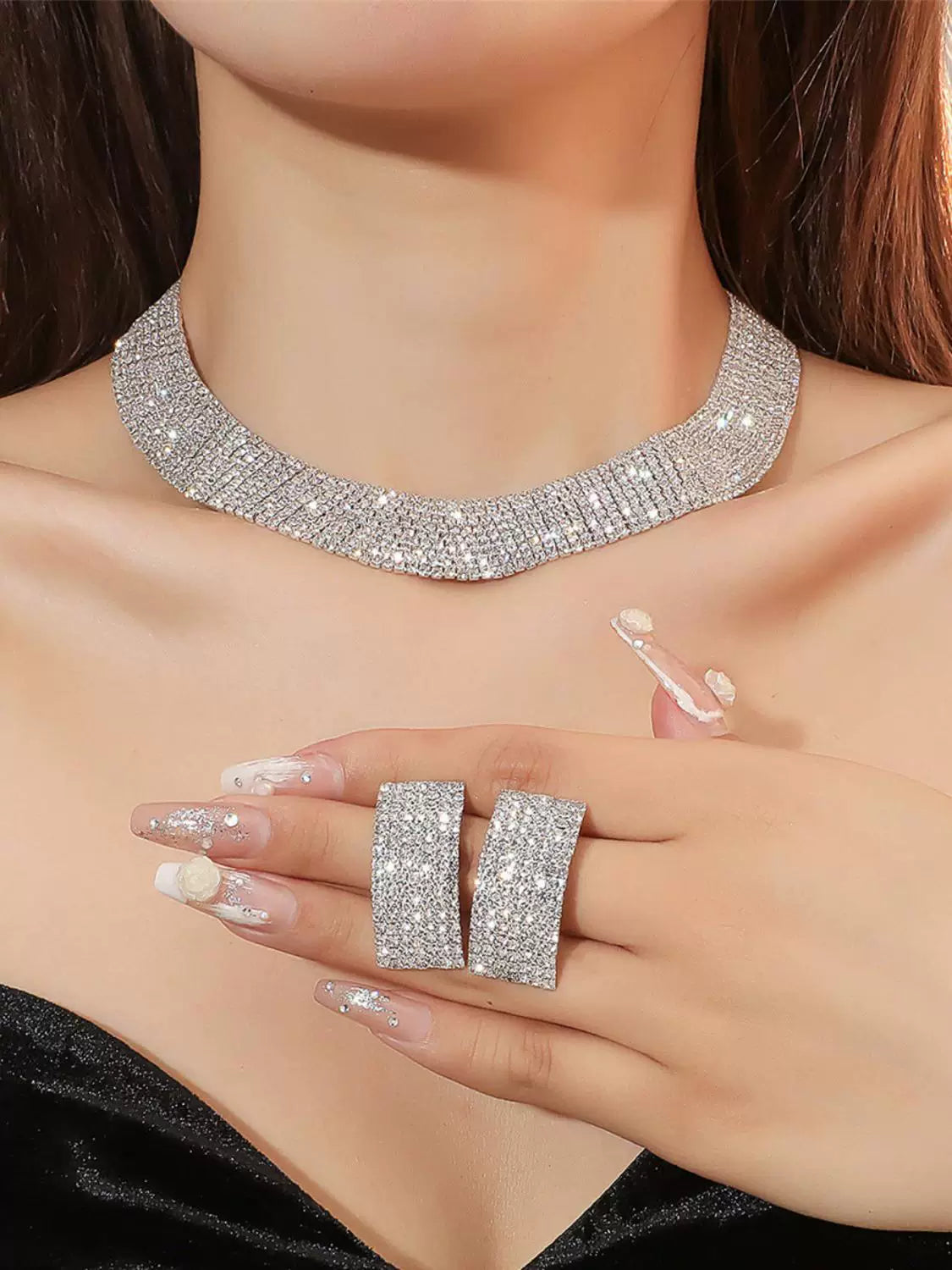 Luxury Rhinestone Necklace & Earrings Set – 2 Pieces Sparkling Jewelry Set for Women