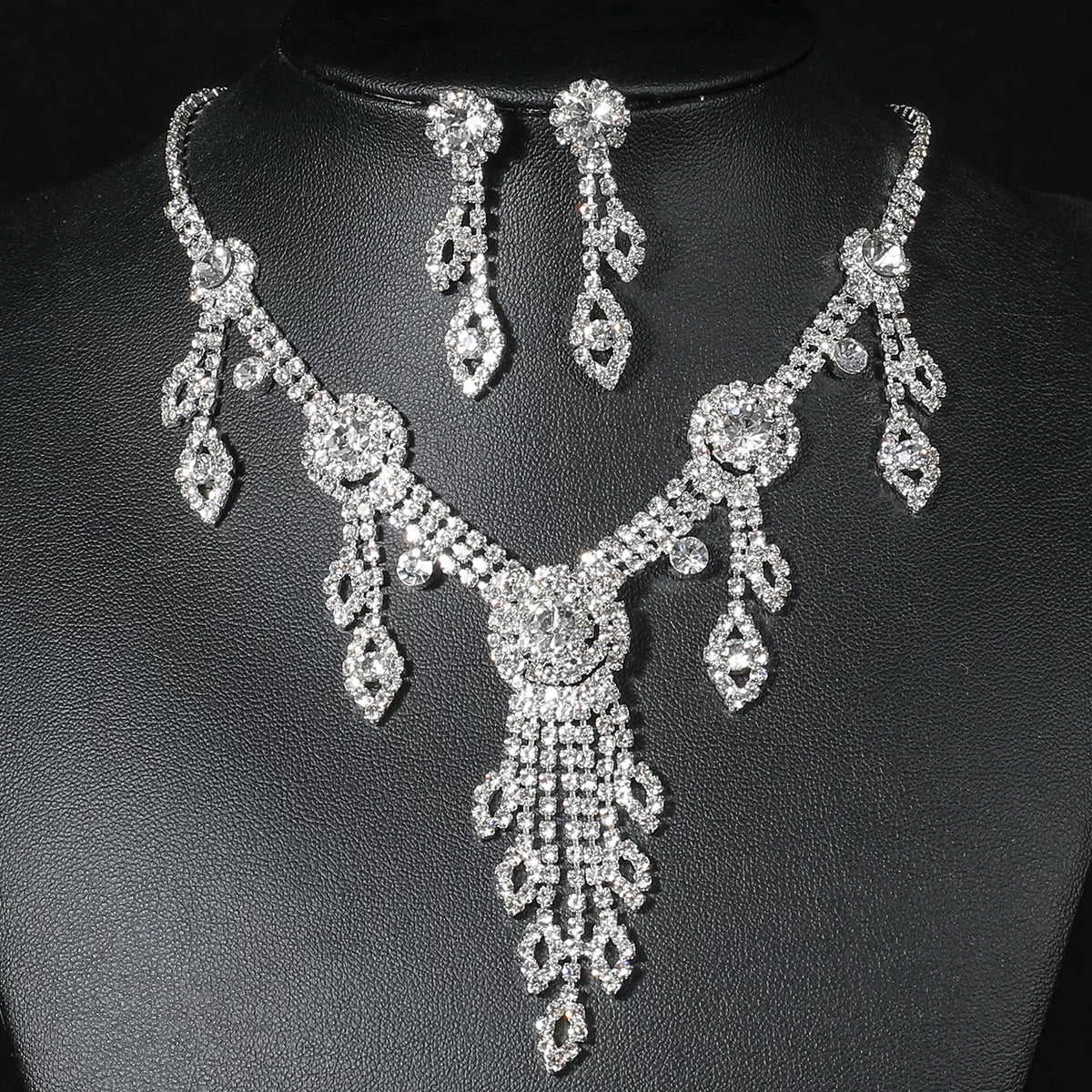 Luxury Rhinestone Necklace & Earrings Set – 2 Pieces Sparkling Jewelry Set for Women