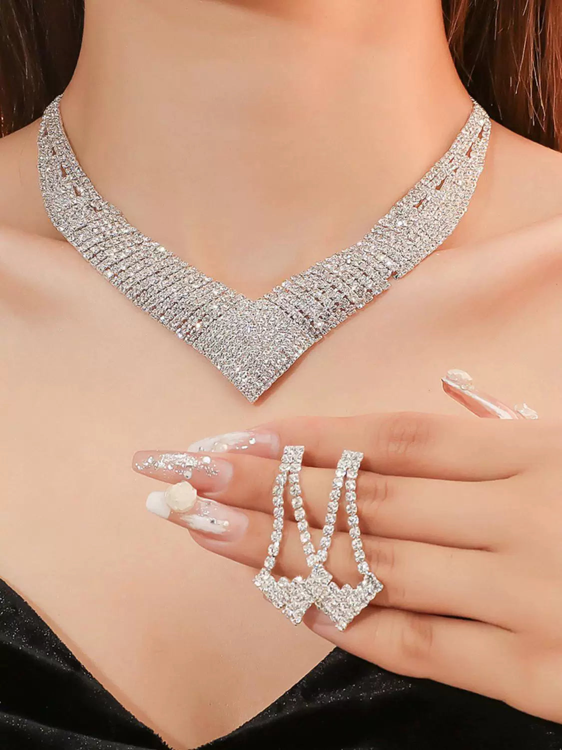 Luxury Rhinestone Necklace & Earrings Set – 2 Pieces Sparkling Jewelry Set for Women