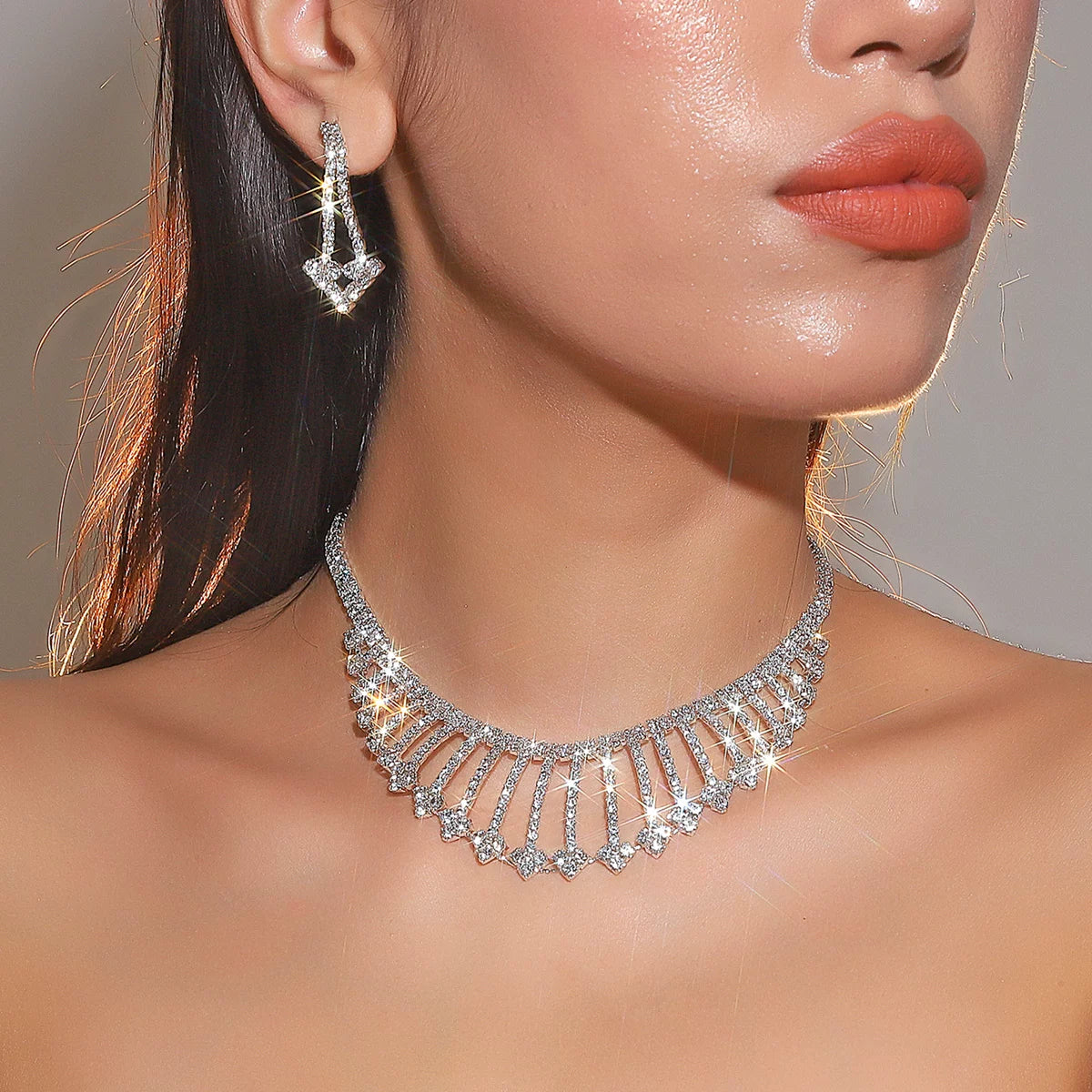 Luxury Rhinestone Necklace & Earrings Set – 2 Pieces Sparkling Jewelry Set for Women