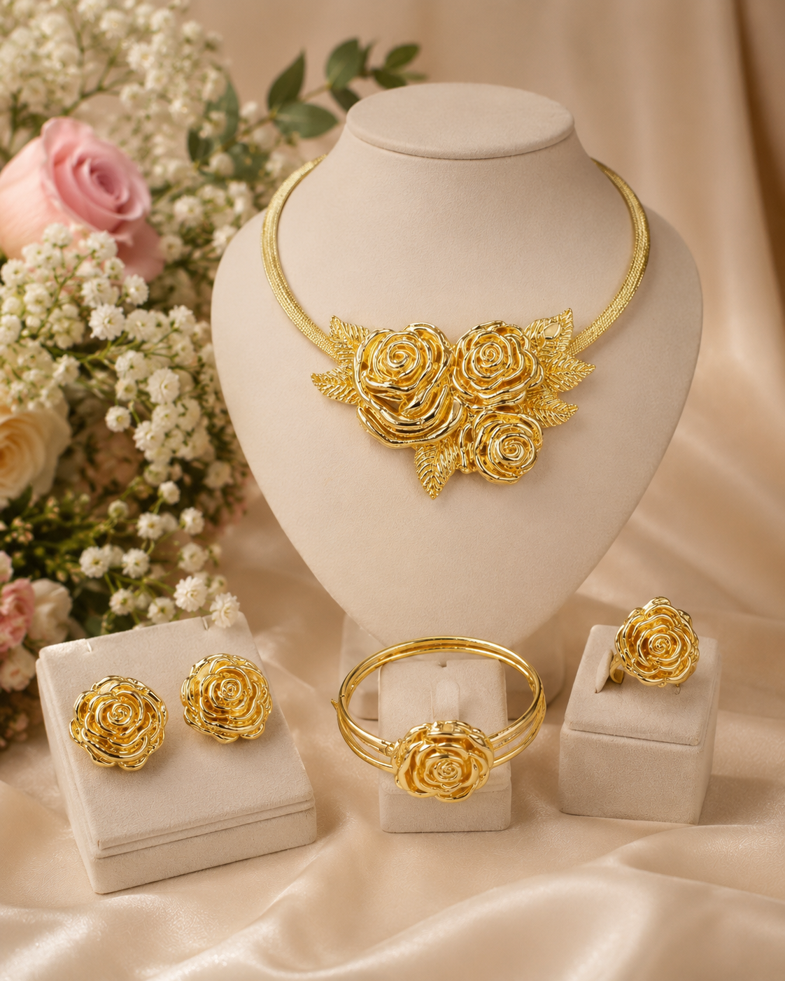 Luxury Gold Rose Bridal Jewelry Set