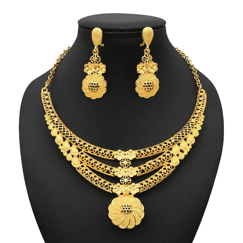 Luxury Indian Bridal Jewelry Set – Gold Color Ethiopian Dubai Necklace & Earrings & Bracelet & Ring for Women